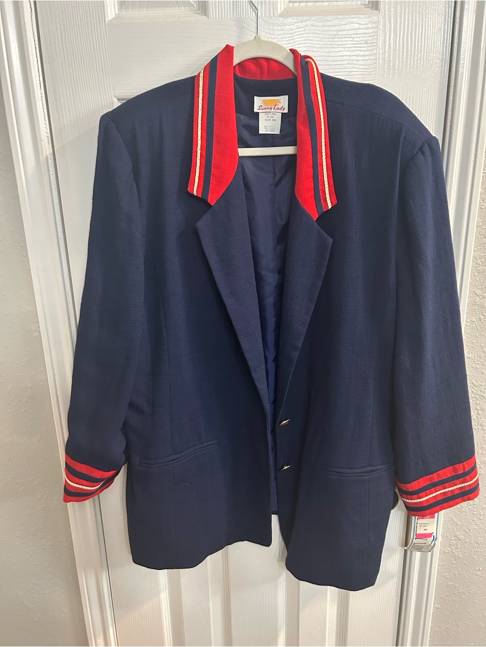 vintage Sunny Lady navy blazer size 20w prominent red and white striped trim NWT